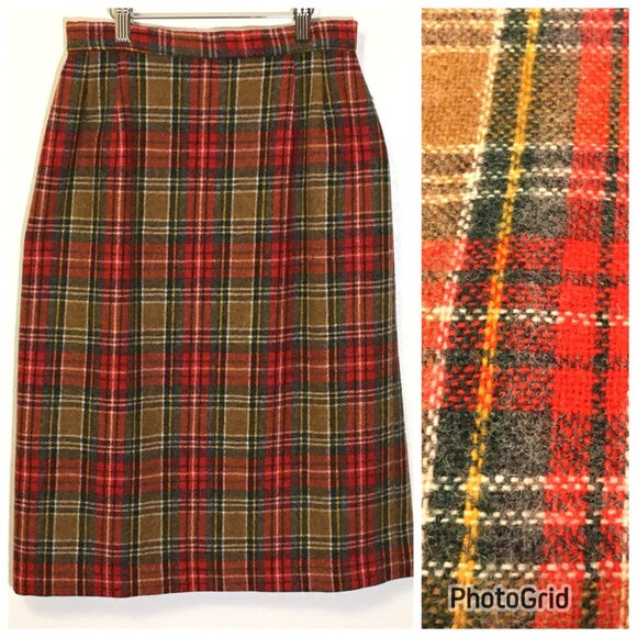 Vintage 50s 60s Red Brown Plaid Wool Straight Pencil Skirt Academia Preppy (T10) - Picture 1 of 16